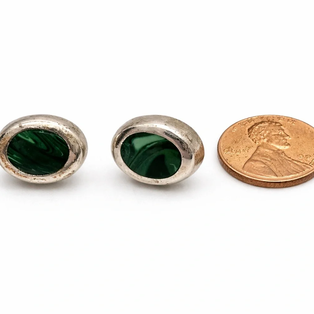 Taxco Sterling Silver Malachite Earrings 💚 Artisan Vintage Mexico